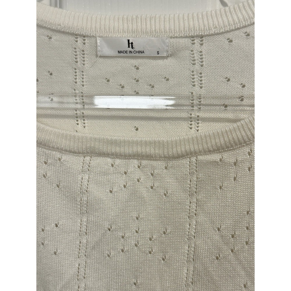 Womens Square Neck Long Puff Sleeve Pointelle Sweater Cream Size Small Casual - Picture 4 of 10